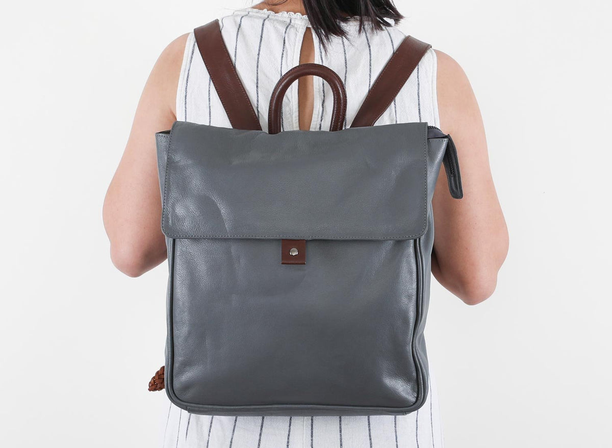 Flap Leather Backpack in Gray