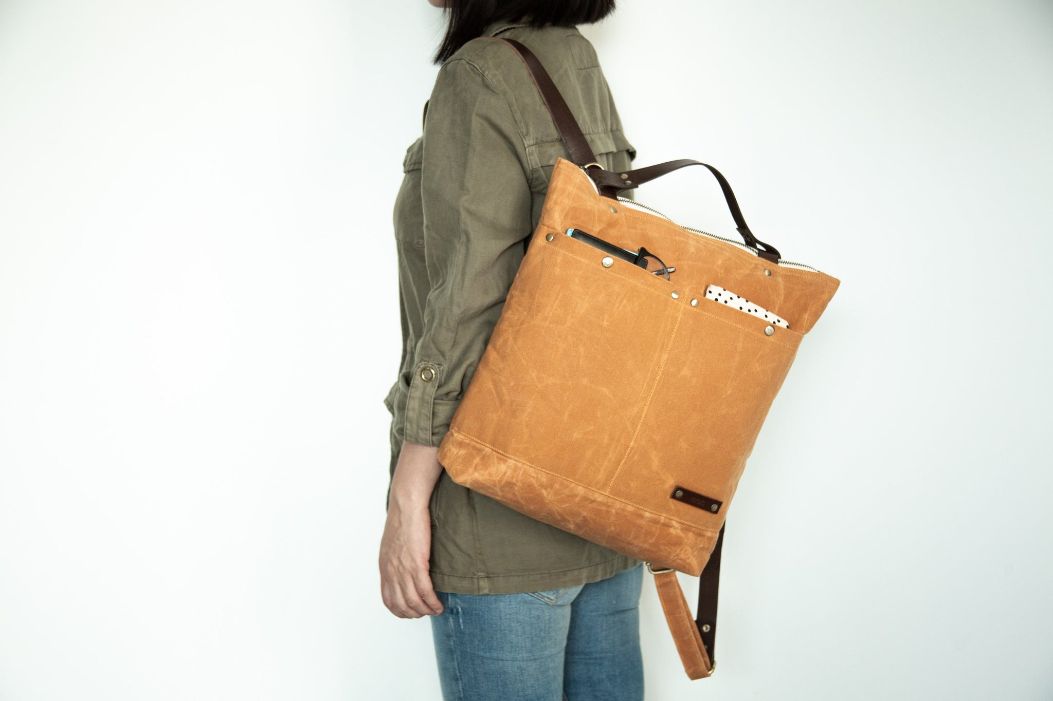Minimalist Laptop Backpack in Convertible Design, Burnt Yellow Waxed Canvas  & Leather