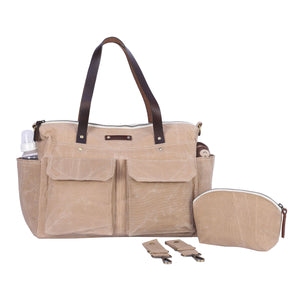 Beige large baby diaper bag tote with crossbody straps