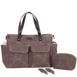 Pipa 11 Pocket Crossbody Diaper Bag Tote in Pecan Brown | Waxed Canvas & Leather