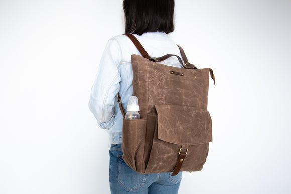 Papyrus | Convertible Baby Backpack in Pecan Brown | Waxed Canvas & Leather