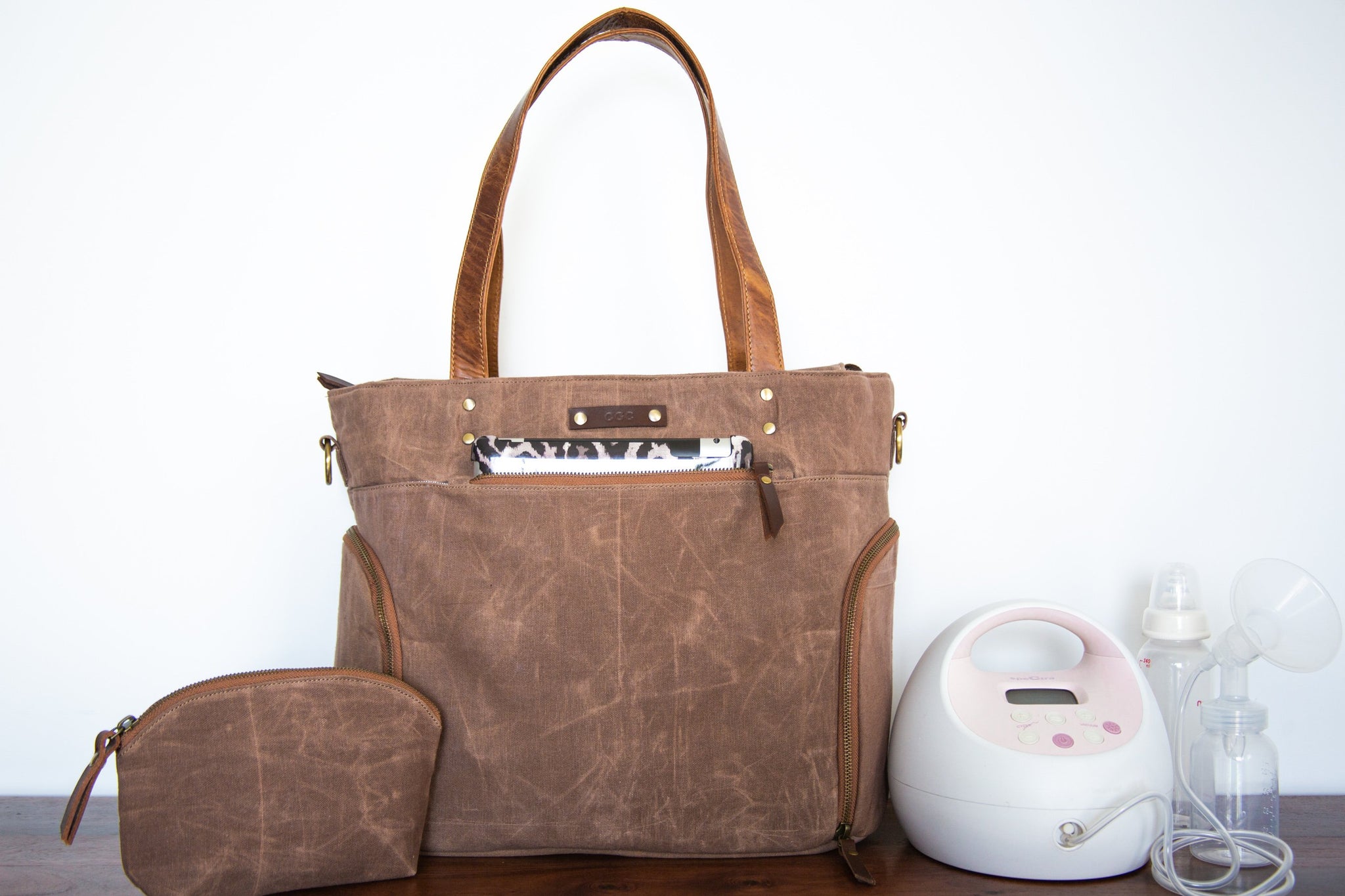 Convertible Breast Pump Backpack with Laptop Pocket in Pecan Brown Waxed Canvas and Leather | Milk Cooler Pocket
