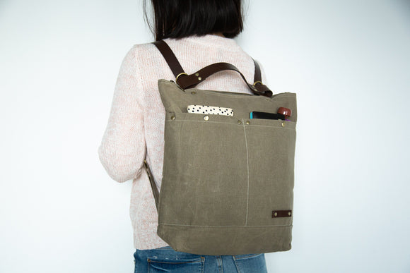 light weight minimalistic simple laptop and tablet pocket backpack in khaki