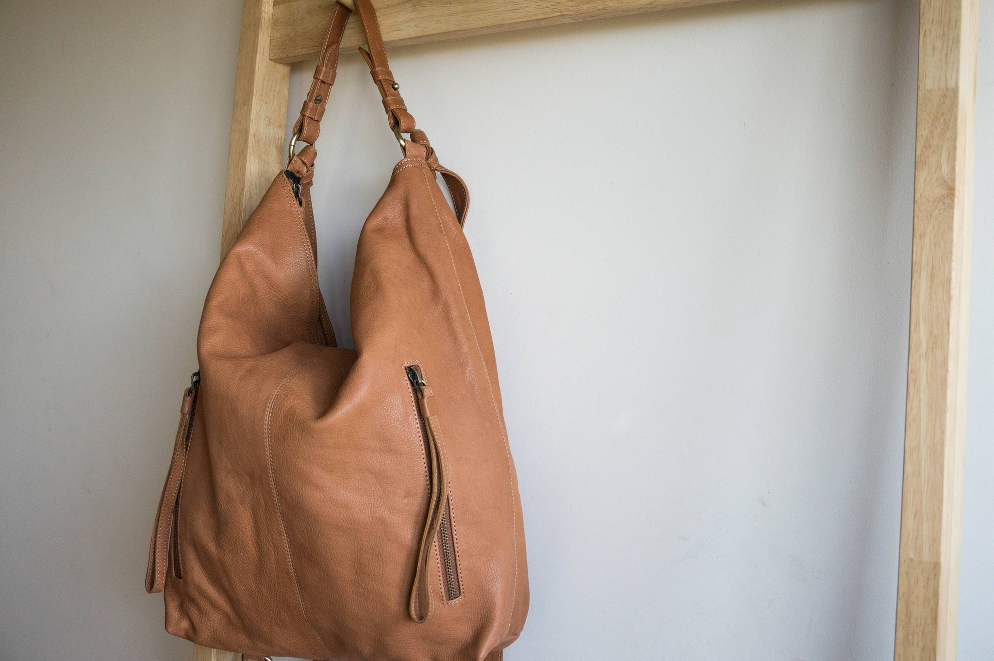 Soft Leather Hobo Tote Bag in Tan Brown Convertible Backpack Carry Goods Co Nude