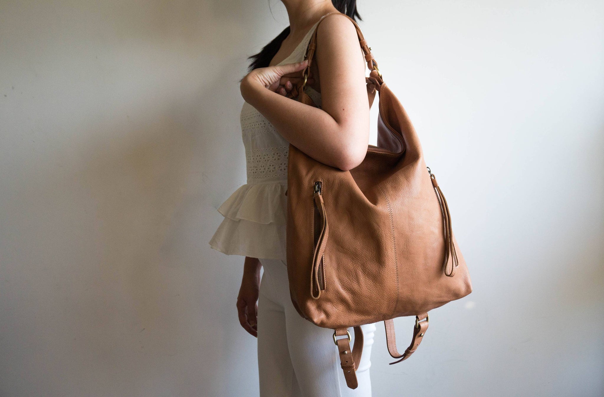 Small Tan Leather Hobo Bag - Slouchy Shoulder Purse