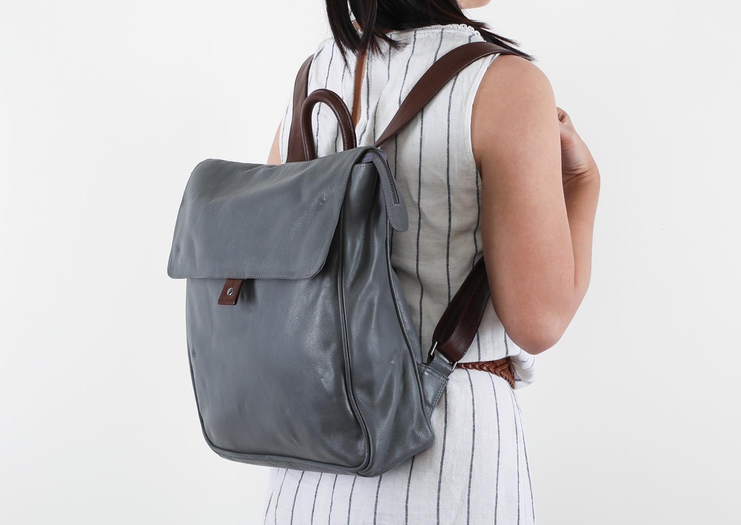 destressed grey leather backpack Flap Leather Backpack in Gray