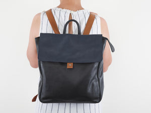 Flap Leather Backpack in Blue and Gray Colorblock - Carry Goods Co.