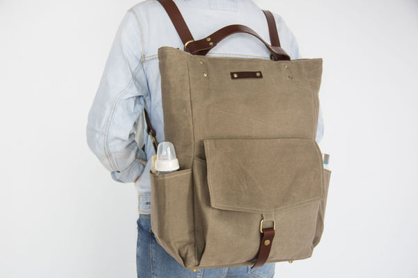 Papyrus | Convertible Nappy Bag with Laptop Pocket | Waxed Canvas & Leather