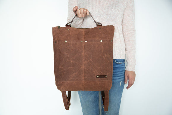 canvasbag co leather convertible backpack Minimalist Travel Backpack in Cinnamon Brown | Waxed Canvas & Leather | Laptop & Tablet Pocket