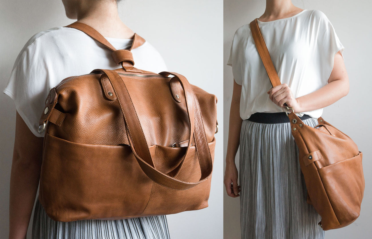 Camel Leather Convertible Backpack, Multifunctional Bag, Diaper